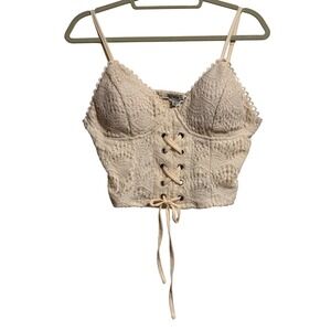Haute Monde Cream Lace Bustier Crop Top Lace Up Smocked Back large